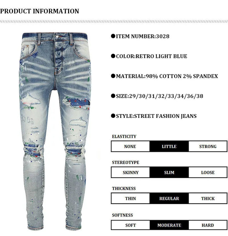 Street Fashion Men Jeans Retro Light Blue Stretch Skinny Fit Patched Ripped Jeans Men Painted Designer Brand Hip Hop Denim Pants PlatiNum