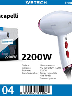 2200W Fast Dry Ionic Hair Blow Dryer 100‑240V Dual‑Voltage Hot & Cold Air Function Hanging Hook Design With Concentrator Nozzle Hair Styling Tool