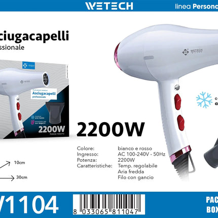 2200W Fast Dry Ionic Hair Blow Dryer 100‑240V Dual‑Voltage Hot & Cold Air Function Hanging Hook Design With Concentrator Nozzle Hair Styling Tool