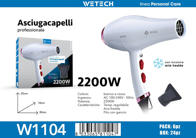 2200W Fast Dry Ionic Hair Blow Dryer 100‑240V Dual‑Voltage Hot & Cold Air Function Hanging Hook Design With Concentrator Nozzle Hair Styling Tool