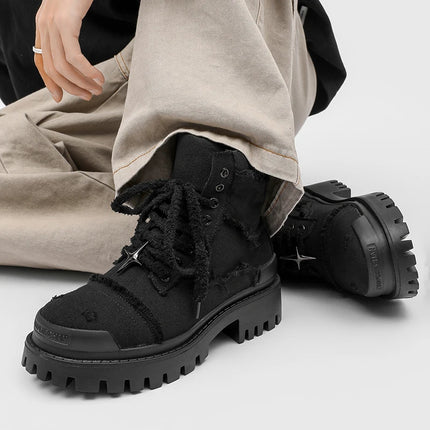 Four cornered star thick soled men high top boots European American anti kick height increasing anti slip retro motorcycle boots