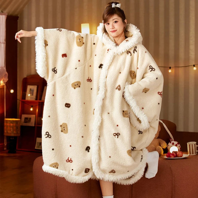 New Cute Blanket Hooded Cloak Coral Velvet Pajamas Women's Autumn Winter Thickened Robe Blanket Multifunctional Thermal Products