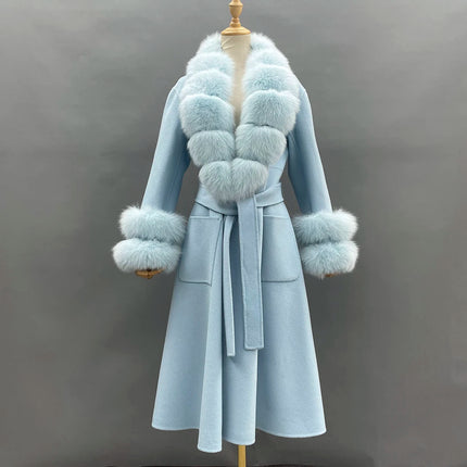 2022 New Arrival Women Wool Coat With Real Fox Fur Collar Cuff Slim Fit Elegant Belted Cashmere Long Coat Ladies Winter Coats