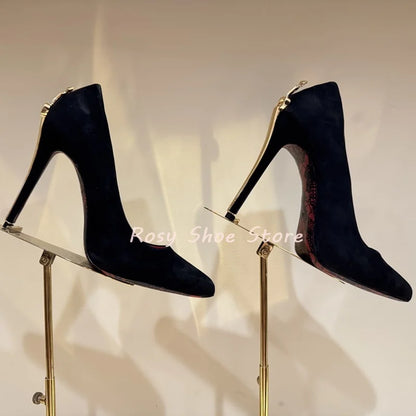 Black Suede Point Toe Strange Style Scepter-Shaped Heel Pumps Gold Silver Metal Fastener Heel Decor Pumps Nightclub Dancing Shoe