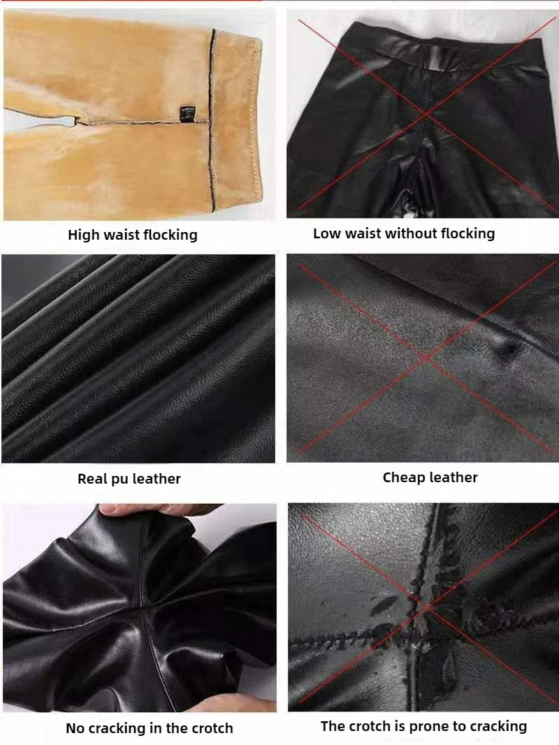 Women's Faux Leather Thermal Pants - High Waist Fleece Lined Leggings, Thick Winter Tights with Tummy Control & Foot Straps 5XL
