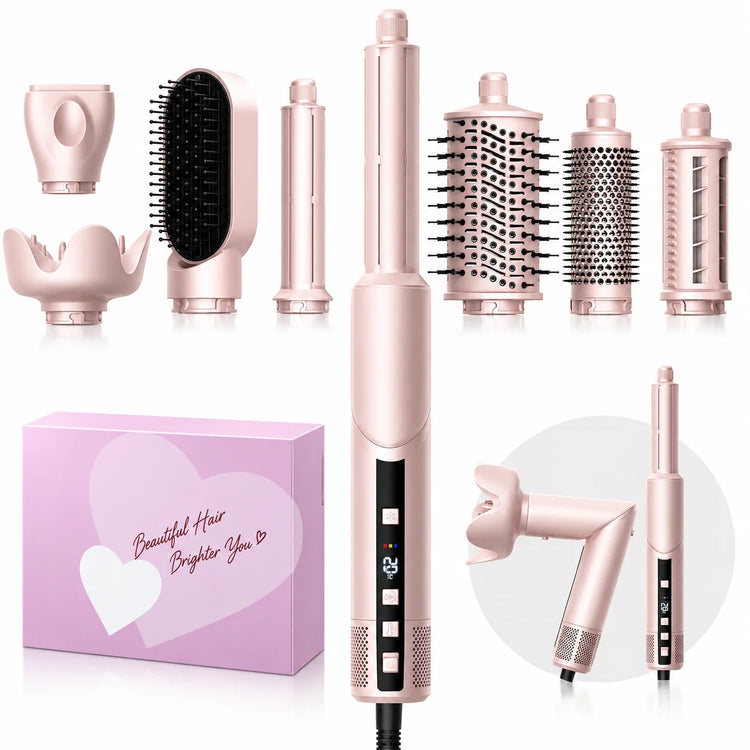 Ukliss Pink 1400W Multi-Styling Negative Ion Hairdryer Comb 8-in-1 Curling Brush Heat Wind Comb Hairdressing Tool