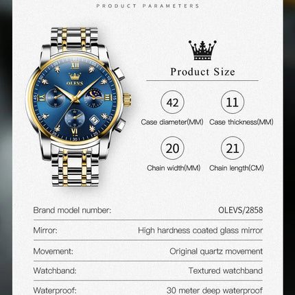 OLEVS 2858 Orologio da Uomo in Acciaio Inossidabile, Impermeabile, Antigraffio, con Fasi Lunari, Luminoso, Cronografo, Orologio da Polso al Quarzo di Lusso platinumshop