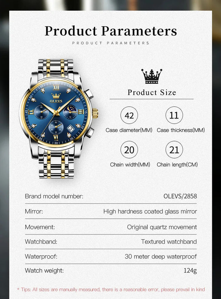 OLEVS 2858 Orologio da Uomo in Acciaio Inossidabile, Impermeabile, Antigraffio, con Fasi Lunari, Luminoso, Cronografo, Orologio da Polso al Quarzo di Lusso platinumshop
