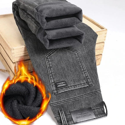 2025 New Winter Men Black Straight Stretch Denim Thick Velvet Pants Warm Jeans Casual Fleece Line Trousers Male Plus Size