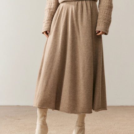 Women's 100% Pure Cashmere Skirt Autumn Winter Mid-calf A-line Knitted Full Skirt High Waist Soild Dress Elegant Basic High-end PlatiNum
