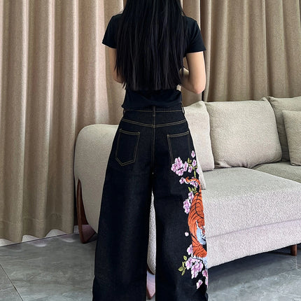 1 paio di jeans larghi vintage americani con ricamo di tigre e fiori, pantaloni neri a gamba larga stile street hip-hop da donna