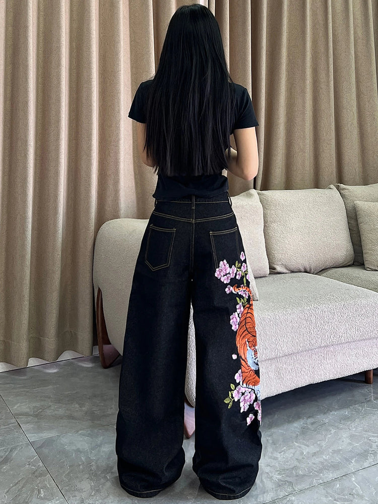 1 paio di jeans larghi vintage americani con ricamo di tigre e fiori, pantaloni neri a gamba larga s