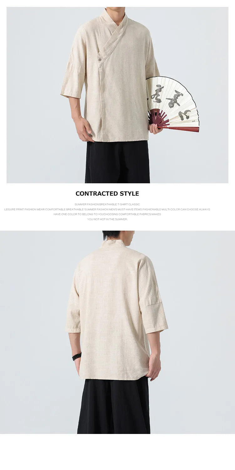 Camicie Estive 2026 da Uomo, Stile Cinese Retrò Tradizionale in Lino Traspirante, Abbigliamento Maschile per Kung Fu e Tai Chi, Bluse Casual Stile Tang