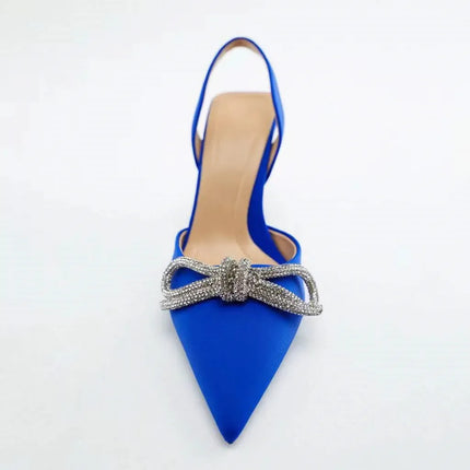 Décolleté blu Slingback da donna tacchi alti Crystal Bowknot Party Dress Shoes donna Sexy sandali con tacco a spillo a punta estate 2024