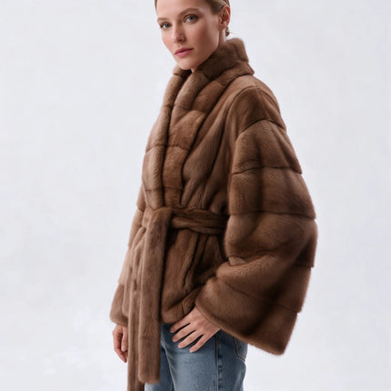 IG 2026 Women Stand Collar Belted Waist Faux Mink Fur Jacket Loose Long Sleeve Luxury Elegant Winter Party Daily Outer Coat