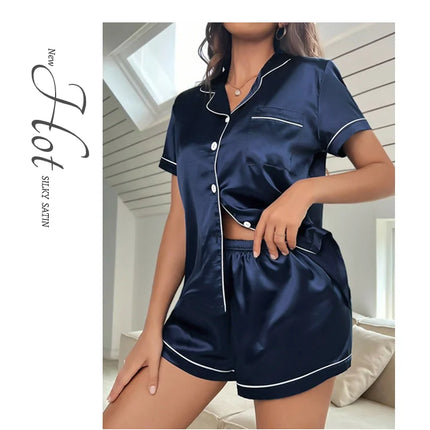 Pigiama da donna in raso di seta estivo Set Top e pantaloncini abbottonati 2 pezzi indumenti da notte colletto dentellato indumenti da notte Loungewear per le donne