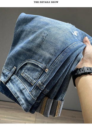 Ripped Jeans Men New Personality Fashion Vintage Blue Streetwear Baggy Denim Pants Casual Tapered Hole Frayed Trousers Male PlatiNum