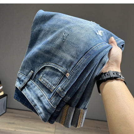 Ripped Jeans Men New Personality Fashion Vintage Blue Streetwear Baggy Denim Pants Casual Tapered Hole Frayed Trousers Male PlatiNum