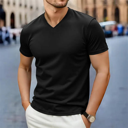 2025 New Men's Casual Fashion Simple V-neck Short Sleeved T-shirt Summer Comfortable Breathable Versatile Top PlatiNum