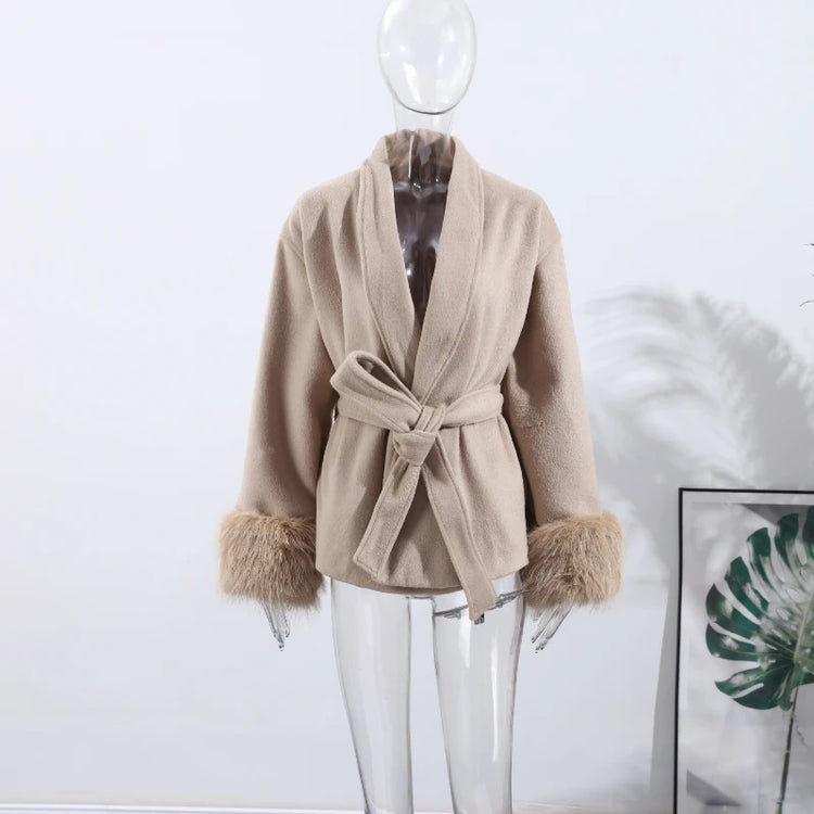 Elegant Women's Lace Up Woolen Coats Solid Full Sleeve Turn-down Collar Loose Lady Coats 2026 Autumn Winter Female Streetwear