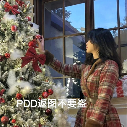 Women's Double Breasted Plaid Coat, Woolen Jacket , V-Neck, Loose Tops, Female Clothes, Sweet, New, Autumn, Winter