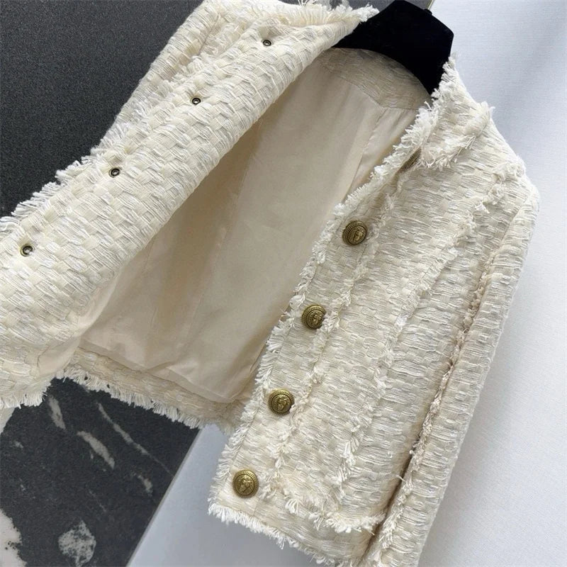 Women's jacket New autumn 2025 double breasted slim long sleeved top tweed weave Women's coat Cotton blend round neck outerwears