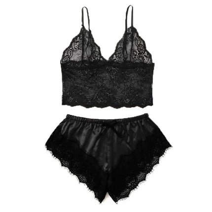 Pigiama da donna sexy nero in raso 4 pezzi di pizzo di seta reggicalze pantaloncini abito pigiama set camicia da notte biancheria intima camicia da notte vestito