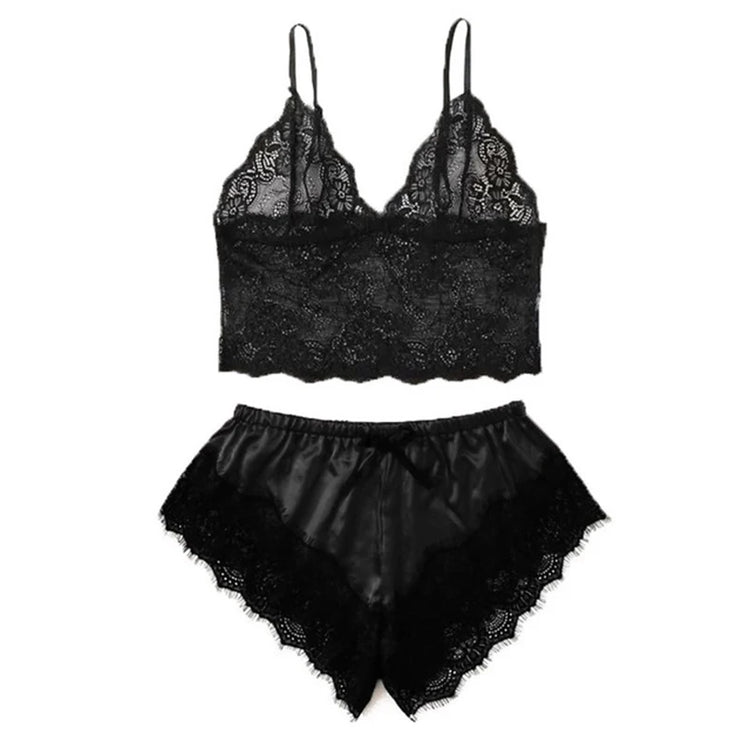 Pigiama da donna sexy nero in raso 4 pezzi di pizzo di seta reggicalze pantaloncini abito pigiama set camicia da notte biancheria intima camicia da notte vestito
