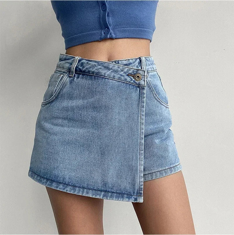 2025 Summer New Light-colored Slim Culottes High-waisted A-line Denim Shorts Casual Simple Non-elastic Women's Three-point Pants PlatiNum