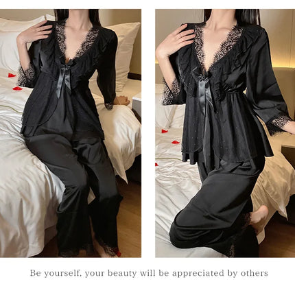 Set di indumenti da notte per la casa in raso di pizzo e pizzo da donna, pantaloni con top in pizzo dolce a V profondo, due pezzi di vestiti per la casa di grandi dimensioni bianco nero viola