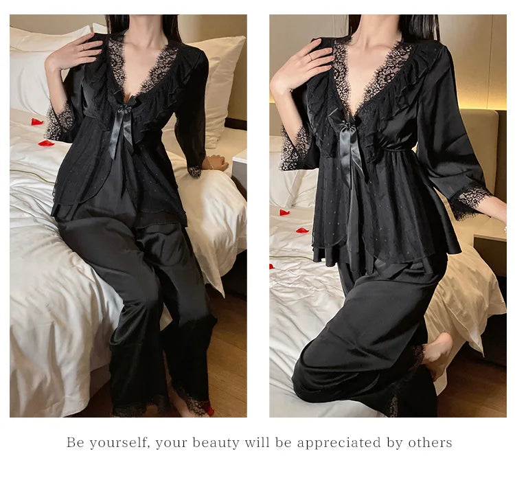 Set di indumenti da notte per la casa in raso di pizzo e pizzo da donna, pantaloni con top in pizzo dolce a V profondo, due pezzi di vestiti per la casa di grandi dimensioni bianco nero viola