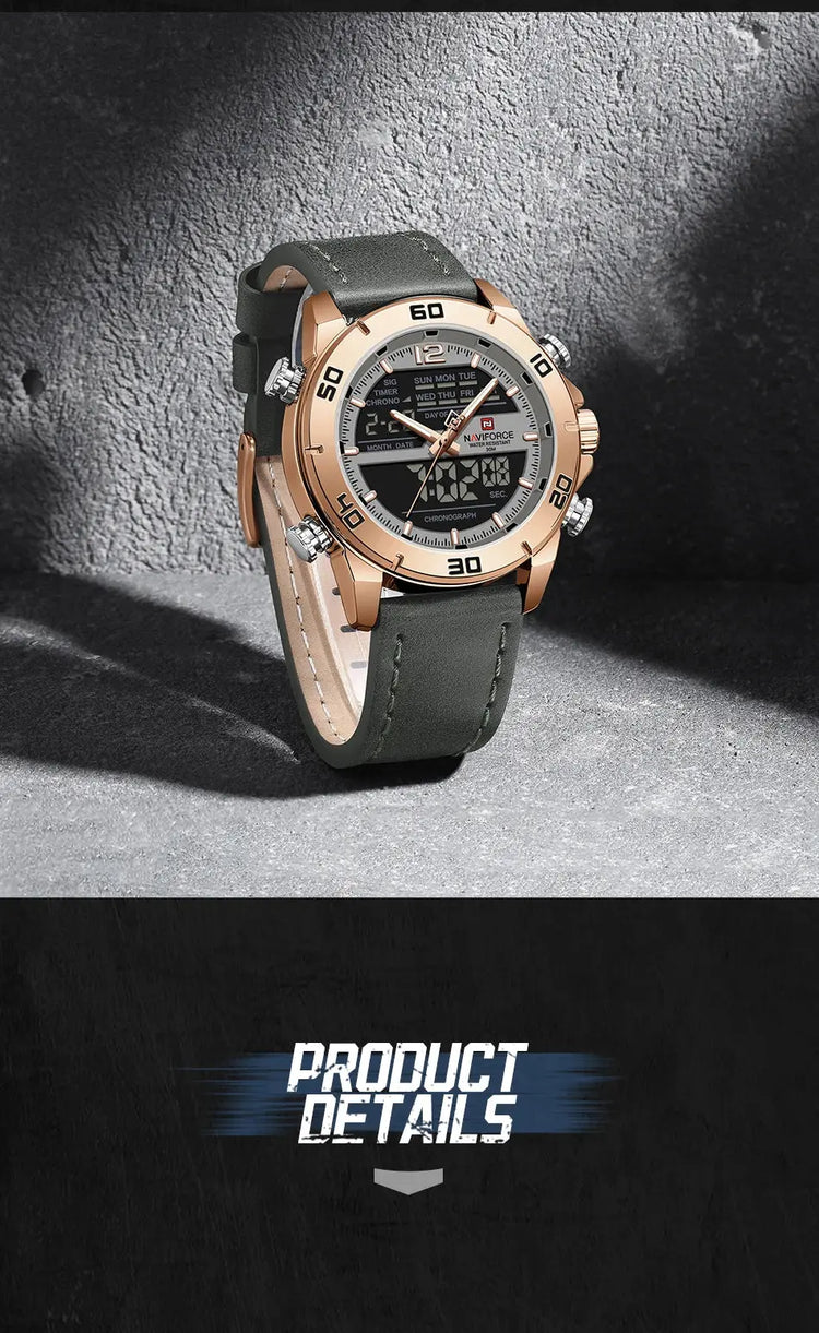 NAVIFORCE Orologio alla moda da uomo con cinturino in vera pelle Movimento al quarzo resistente all'acqua 30M Display luminoso con giorno e data F platinumshop