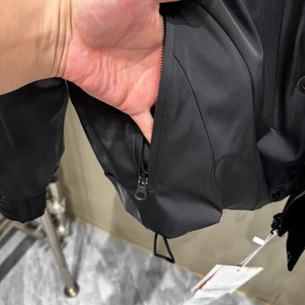Winter Spliced Black Men Hooded Down Coat American Style Motorcycle Puffer Jacket Loose Fit Zip Waterproof Jackets Casual Coats