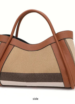 Borsa Tote in Tessuto a Righe con Bordi in Ecopelle, Manico Largo, Borsa a Spalla Grande per Uso Quotidiano e Pendolarismo