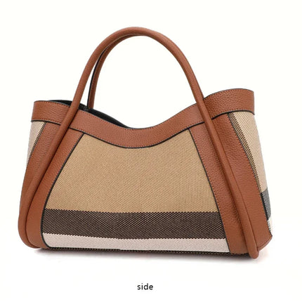 Borsa Tote in Tessuto a Righe con Bordi in Ecopelle, Manico Largo, Borsa a Spalla Grande per Uso Quotidiano e Pendolarismo