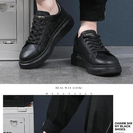 2026 Men's Casual Shoes Spring and Autumn Flat-soled Casual Leather Shoes Sports Shoes Black and White Men's Thick-soled Shoes