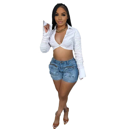 Cargo Jean Women Denim Shorts Solid Jean Spliced Pockets High Waist Distressed Washed Slim Casual Summer Zipper Fly 2026 PlatiNum