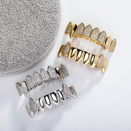 Hip Hop Full CZ Stone Teeth Grillz Caps Cubic Zircon Iced Out Micro Pave Top&Bottom Charm Grills for Men Women Punk Jewelry PlatiNum