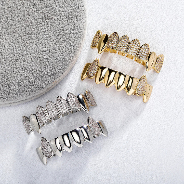 Hip Hop Full CZ Stone Teeth Grillz Caps Cubic Zircon Iced Out Micro Pave Top&Bottom Charm Grills for Men Women Punk Jewelry PlatiNum