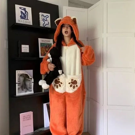 Cartoon Coral Fleece Lined Onesie Pajamas Women's Winter Home Clothes Comfortable Breathable Sleepwear Polyester Fiber