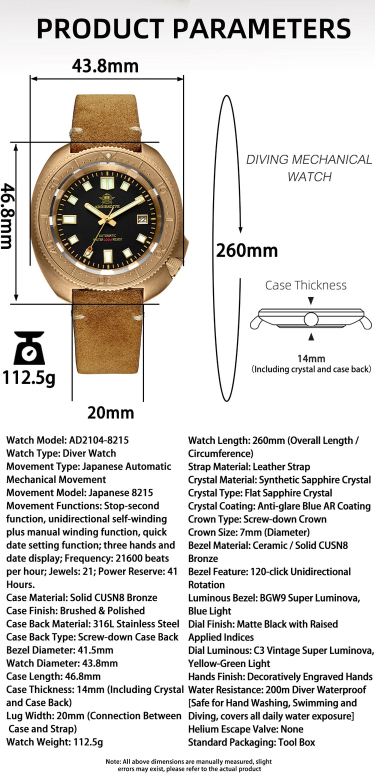ADDIESDIVE CUSN8 Bronze Watch Men Automatic Wristwatch Calendar Sapphire Glass Luminous 20Bar Waterproof Diving Mechanical Watch