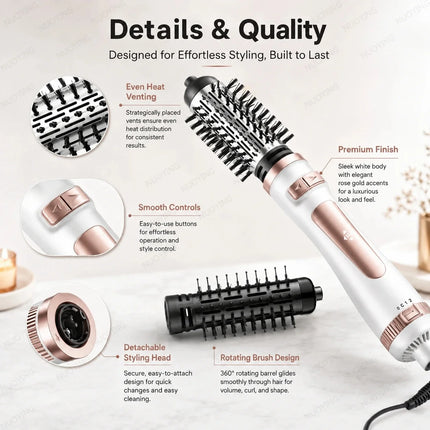 New 3‑in‑1 Rotating Hot Air Brush, 800W Professional Hair Dryer Brush with 2 Curling Rollers, Adjustable Temperature & Speed Bi‑Directional Rotation Hair Styling Tool