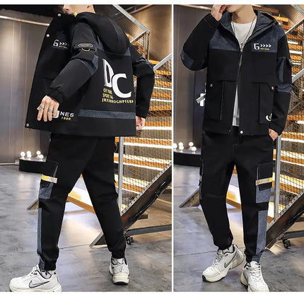 Men's Casual Sports Sets Spring Autumn Tracksuit Jogging Set Patchwork flight Hooded jacket pants two Piece