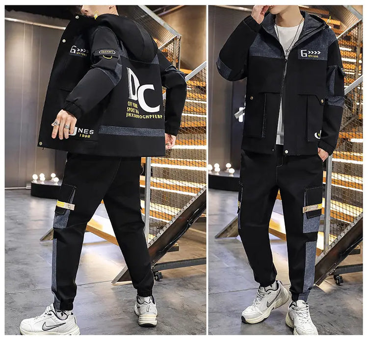 Men's Casual Sports Sets Spring Autumn Tracksuit Jogging Set Patchwork flight Hooded jacket pants two Piece