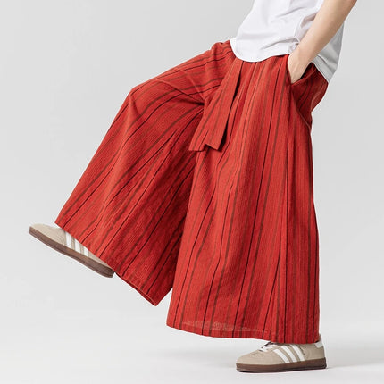 Pantaloni a righe da uomo in cotone e lino, comodi e traspiranti, pantaloni a gamba larga, kimono, samurai giapponese, pantaloni alla moda larghi casual da uomo