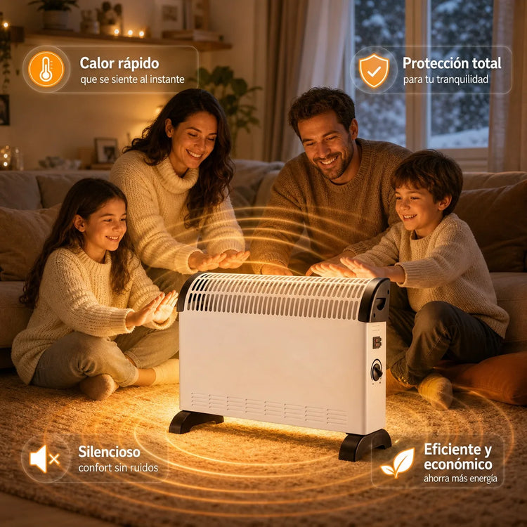 2000W Silent Electric Convector Radiator with 3 Power Levels, Adjustable Thermostat and Overheating Protection, Wall or Floor Heater for Home or Office