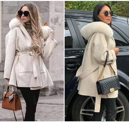 MISSJANEFUR Wool Coat with Real Fox Fur Collar Cuff Women Fashion Belted Cashmere Coats Warm Winter Hooded Trench Peacoat