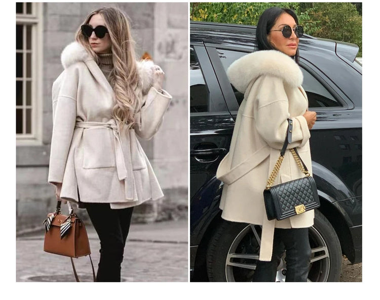 MISSJANEFUR Wool Coat with Real Fox Fur Collar Cuff Women Fashion Belted Cashmere Coats Warm Winter Hooded Trench Peacoat