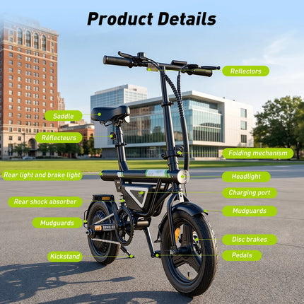 Bicicletta Elettrica EB1S da 14 Pollici, Motore 250W, Batteria 12Ah, Autonomia 30-50km, 3 Velocità, Velocità Massima 25km/h, Sospensione Centrale, E-Bike Pieghevole per Città, Bicicletta Elettrica per Adulti con Controllo