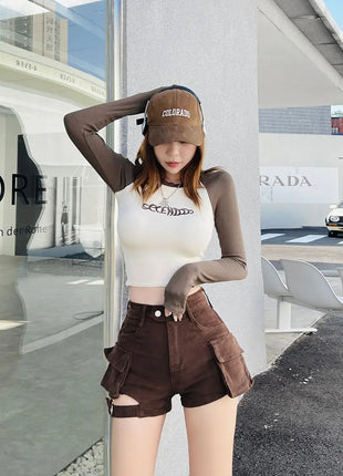 Pantaloncini cargo a vita alta Pantaloncini jeans con tasche chic kaki Abiti estivi per ragazza sexy per donna